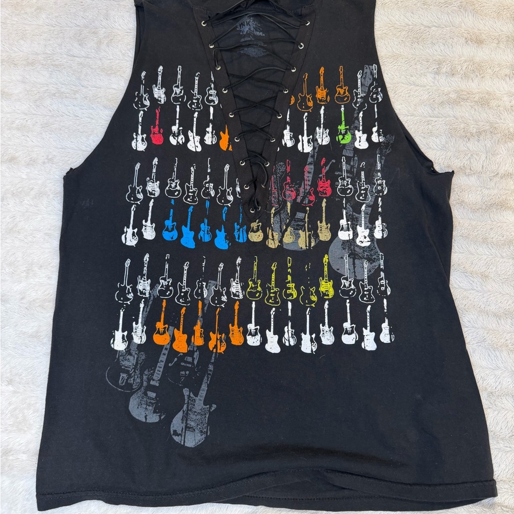Black Guitar Print Sleeveless Top